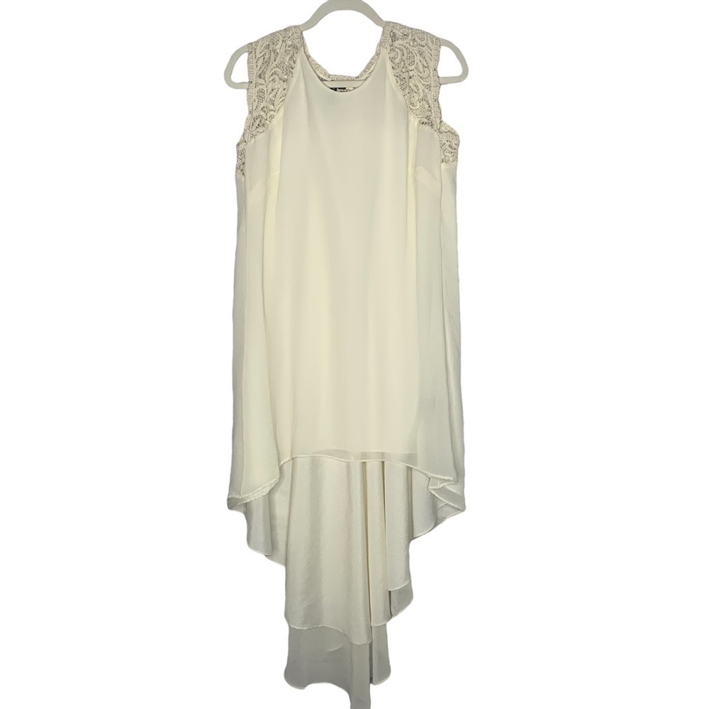 Marciano Ivory Textured Satin Lace Sleeve High Low Shift Dress - Picture 3 of 16